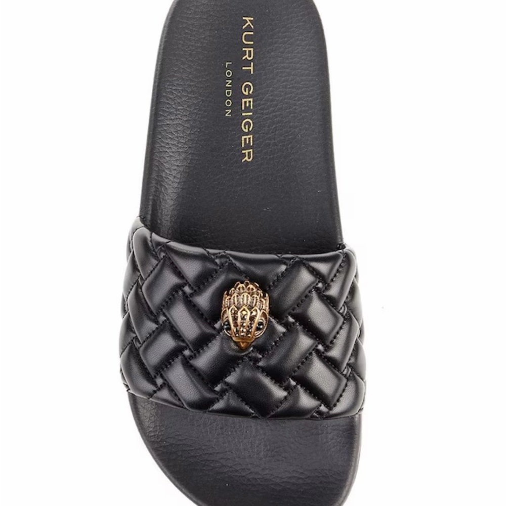 Kurt Geiger Black Quilted Slide Sandals with Gold Lion Accent